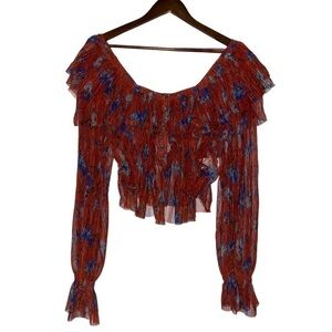 Free People Floral‎ Women Semi Sheer Cropped Top L Boho Festive Hippie NWT